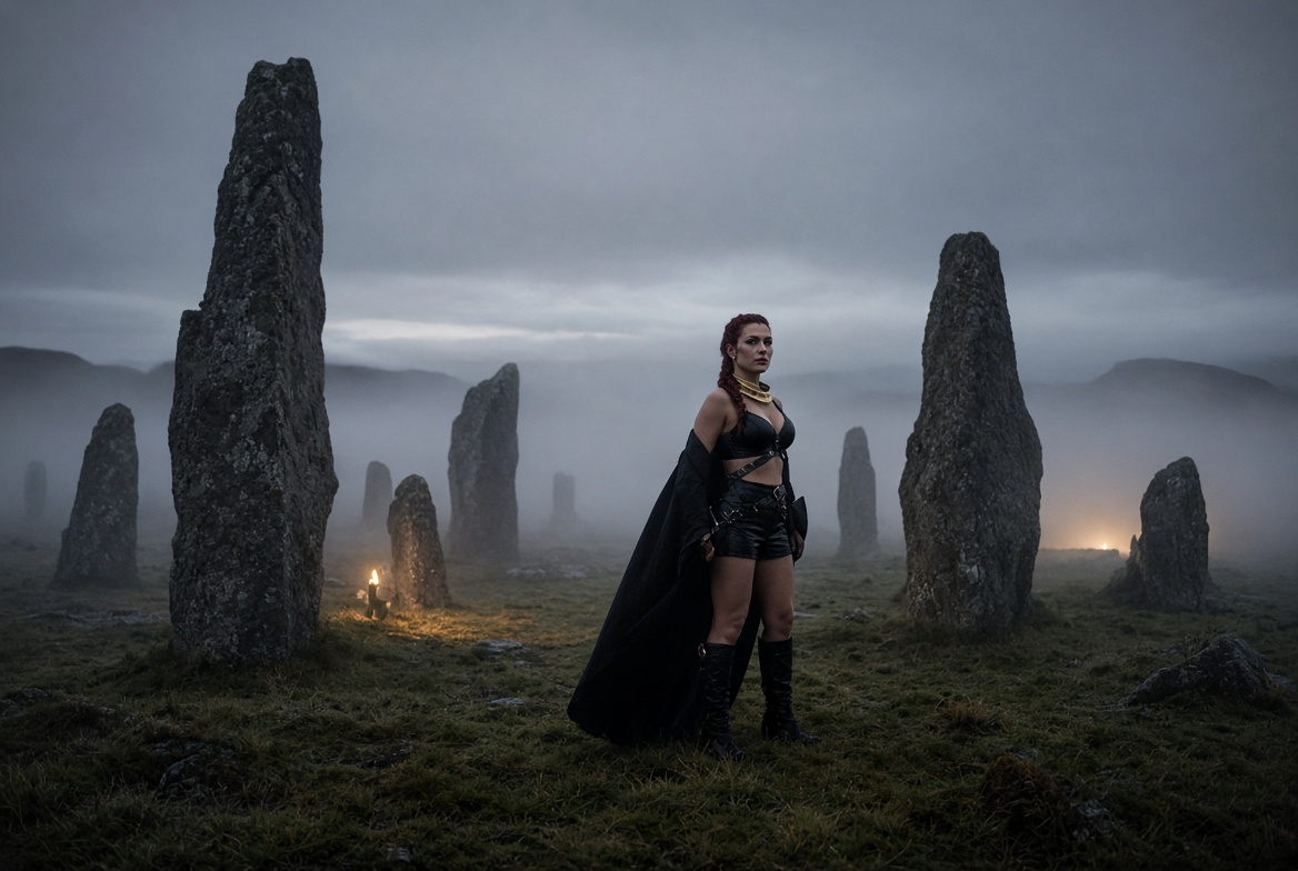 Aoife Kane with battle braids and Celtic tartan