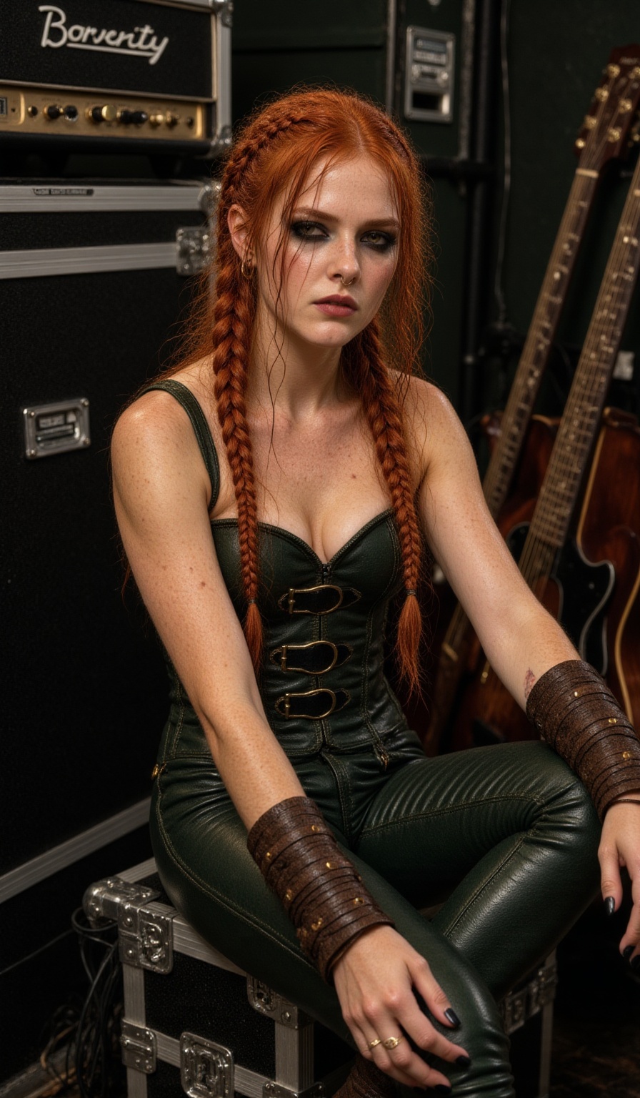 Aoife Kane backstage in green room on tour flight case